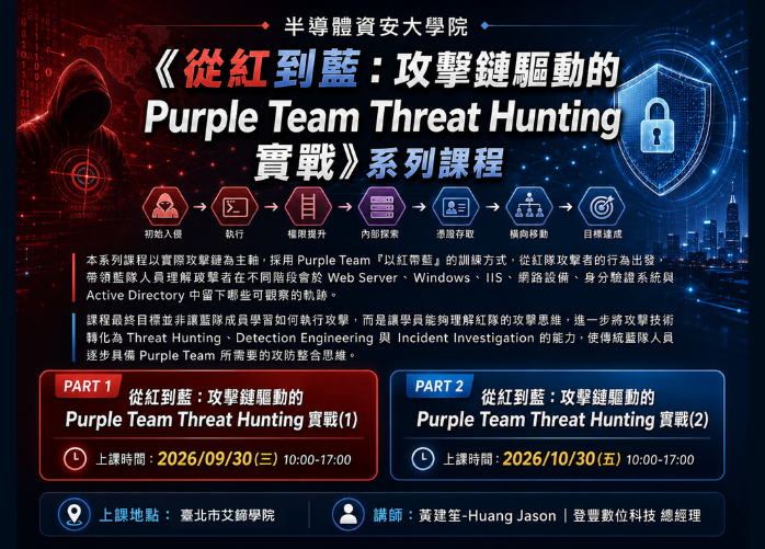 2026【半導體資安大學院】9-10月《從紅到藍：攻擊鏈驅動的Purple Team Threat Hunting 實戰》系列課程